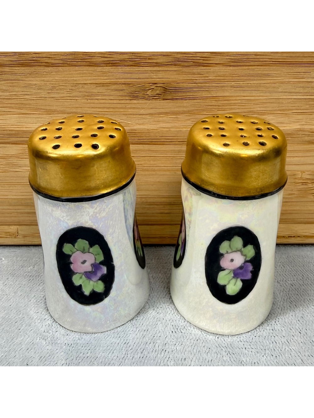 Antique Bavaria Art Nouveau Lusterware Salt Pepper Shakers Gold Porcelain